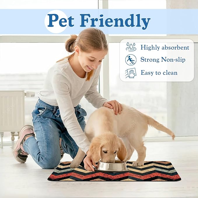 Vintage Plaid Pet Food Mat for Cats and Dogs–Christmas Stocking Absorbent Quick Dry Feeding Placemat, Non Slip Rubber Base, Waterproof Bowl Mat for Indoor Use, Pet Supplies 16"x24"