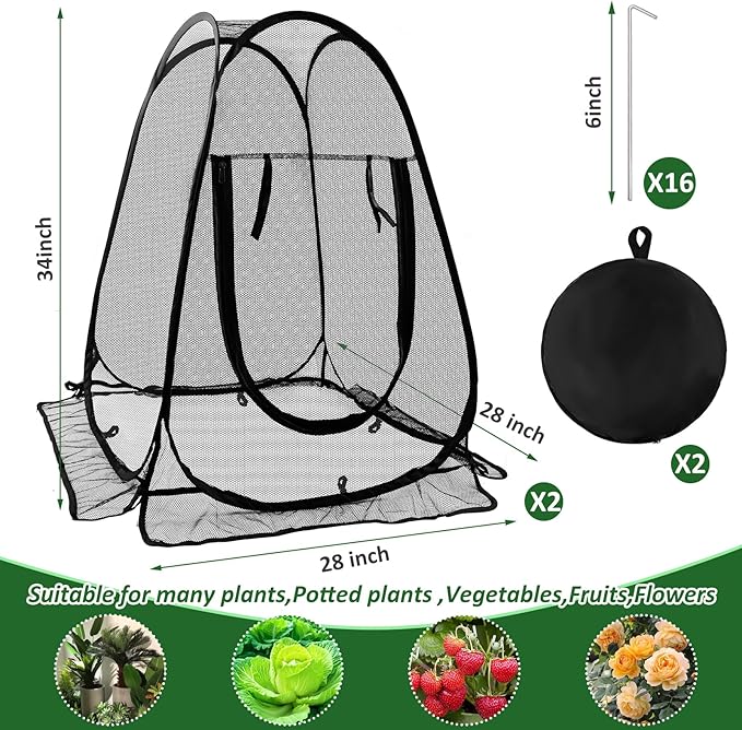 2pcs Pop Up Mesh Plant Protectors from Animals,Large Plant Netting Guard Cover with 8 Stake Crop Cage Fine Mesh Plant Tents for Protect Flower Tomato Vegetable from Deer Cat Bird Squirrel, 28x28x34 In