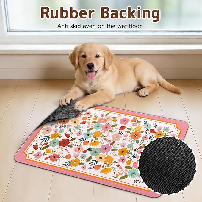 Dog Food Mat for Bowls, Absorbent Quick Dry Dog Cat Mats for Food and Water, Non-Slip Backing Pet Mat Pet Supplies - Pink Floral Pattern