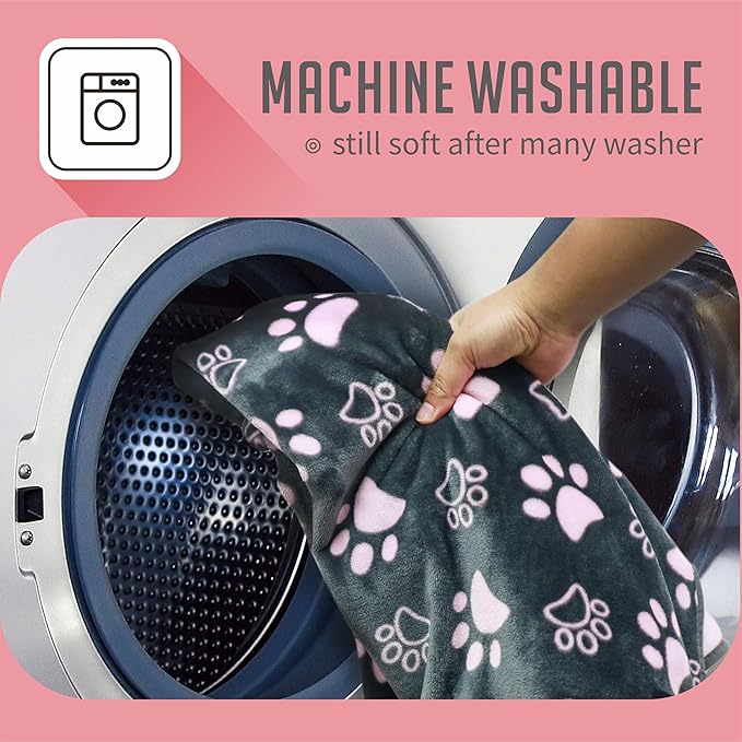 Dog Blankets for Large Dogs,Washable Pet Blanket, Soft Crate Bed with Paw Pattern for Kennel/Couch, Grey & Pink 80x60 Inch