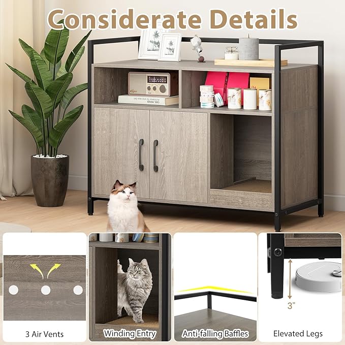 Giantex Cat Litter Box Enclosure - Cat Washroom Hidden Furniture with Front Entry, Scratcher, 2-Door Storage Cabinet, 2 Compartments, Air Vents, Metal Frame, Wooden Pet Crate House (Oak Gray)