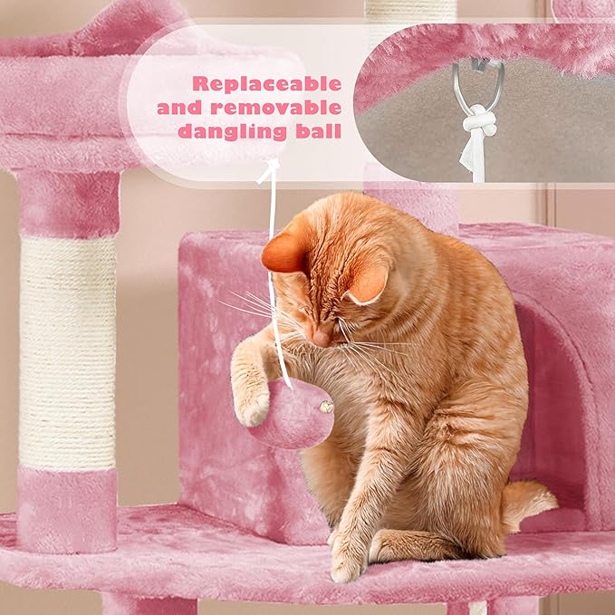 Yaheetech 62.5inches Cat Tree Cat Tower Cat Condo with Platform & Hammock, Scratching Posts for Kittens Pet Play House with Plush Perch for Indoor Activity Relaxing, Pink
