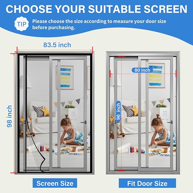 Magnetic Screen Door Mesh Left Right Side Opening Upgraded PET Material Mesh Stronger Than Fiberglass and Polyester,Keep Bugs Out,Pet & Kid Friendly Fit Door Size 80"X96",Screen Size 82''X98''