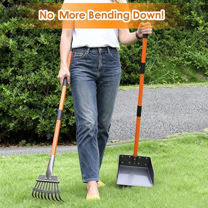 Pooper Scooper, Long Handle Dog Pooper Scooper for Medium Small Dogs Heavy Duty, Pet Supplies Stainless Metal Tray and Rake Set, Use on Grass, Dirt or Gravel