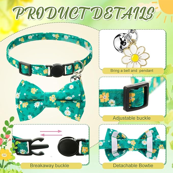 Hsei 6 Pcs Spring Cat Collars Bulk with Bow Tie Bell Breakaway Flowers Floral Daisy Kitten Adjustable Safety Bowtie Cute Collars for Small Dogs Pet Holiday Party Favors Gifts