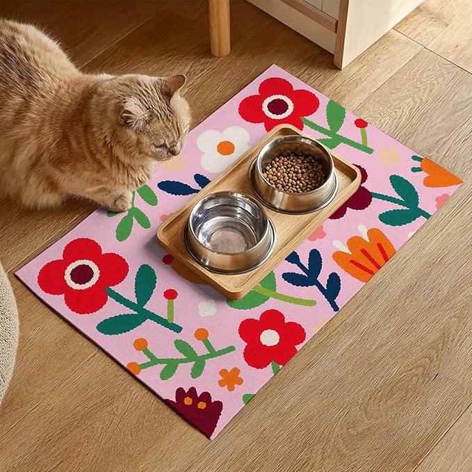 Pet Feedings Mats 20x12 inch Floral Print Pet Bowl Placemat Non Slip Mat for Cat and Dog Food and Water Indoor Pet Feeding Station Colorful Meal Mat for Small Pets Kitchen Floor Use