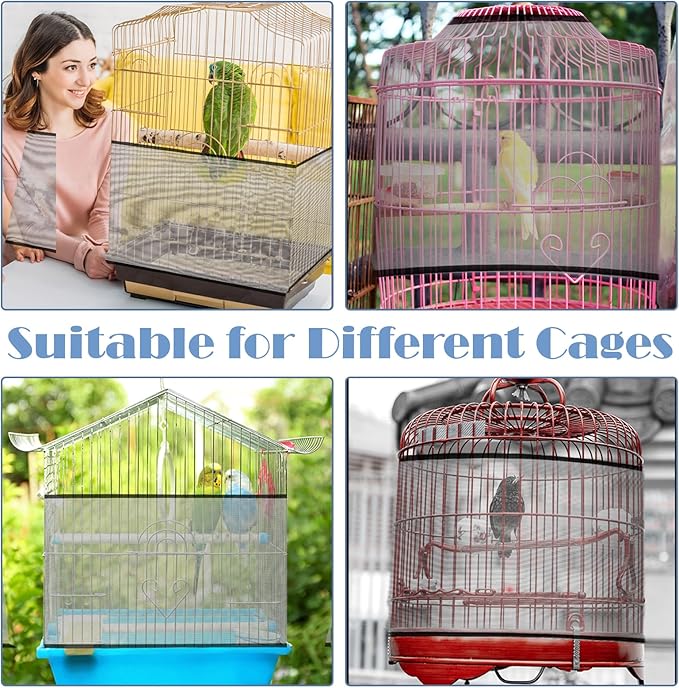 Adjustable Bird Cage Seed Catcher Net Cover Elastic Band Mesh Cover Black for Parrot Cages
