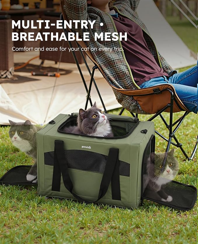 Pecute Cat Carrier Stable, Pet Carrier with Hidden Anxiety Relief Partition & Stable Steel Frame, Safe Cat Carrier for Car Travel, Soft-Sided Dog/Cat Carrier Bag for Pets Up to 11lbs, Green