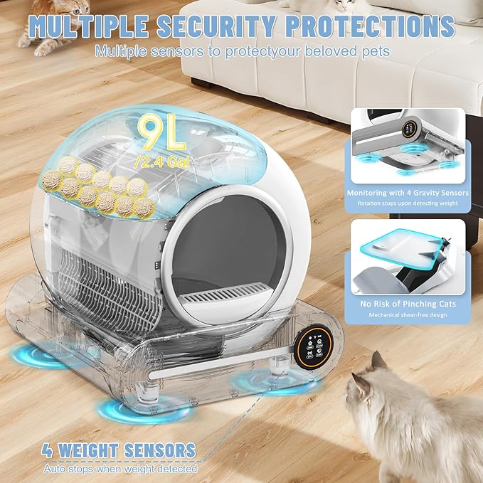 SUW Self Cleaning Litter Box, Automatic Cat Litter Box for Multiple Cats, 65L+9L Robot, 3 Rolls Grabage Bags Liner, 1 Odor Eliminator, Negative ion Deodorization, APP Control, Toilet Monitorin, White