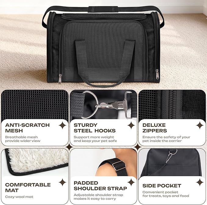 Airline Approved Medium Pet Carrier for Cats & Dogs – Foldable Dog Bag with Soft Mat, Breathable Mesh Windows, Travel-Ready Cat Carrier (Up to 15 lbs, Black)