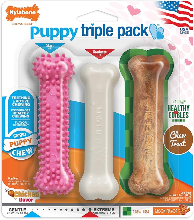Nylabone Puppy Chew Toys & Natural Treat Triple Pack, Puppy Enrichment Teething Toys, Pink, Chicken & Bacon Flavor, Small Dogs - Up to 25 Ibs, 3 Pack