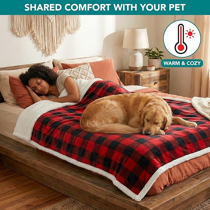 PetAmi Waterproof Dog Blanket for Medium Large XL Dog Puppy Cat Throw for Couch Cover Leakproof Protection, Sherpa Fleece, Reversible Soft Washable 80x60 Checker Plaid Red