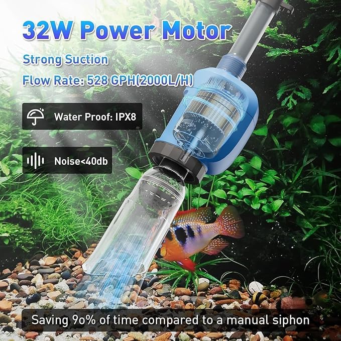 6-in-1 Electric Aquarium Gravel Cleaner, 530GPH Fish Tank Vacuum with Water Changer, Sand Washer & Debris Remover, Quiet 32W Pump & Telescopic Pole for Freshwater & Saltwater Tanks (Blue)