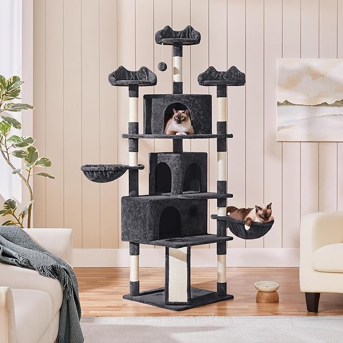 Yaheetech 76.5in Multi-Level Large Cat Tree, Big Cat Tower with 3 Condos, Cozy Plush Perches, 9 Sisal Scratching Posts and Ladder, Activity Center for Large Kitties, Black