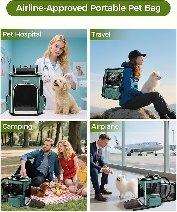 BAGLHER Expandable Cat Carrier Backpacks, Retractable Pet Carrier Backpack for Small Dogs & Cats with Breathable Mesh, Travel Bag Up to 18 Lbs for Hiking Camping Outdoor - Green