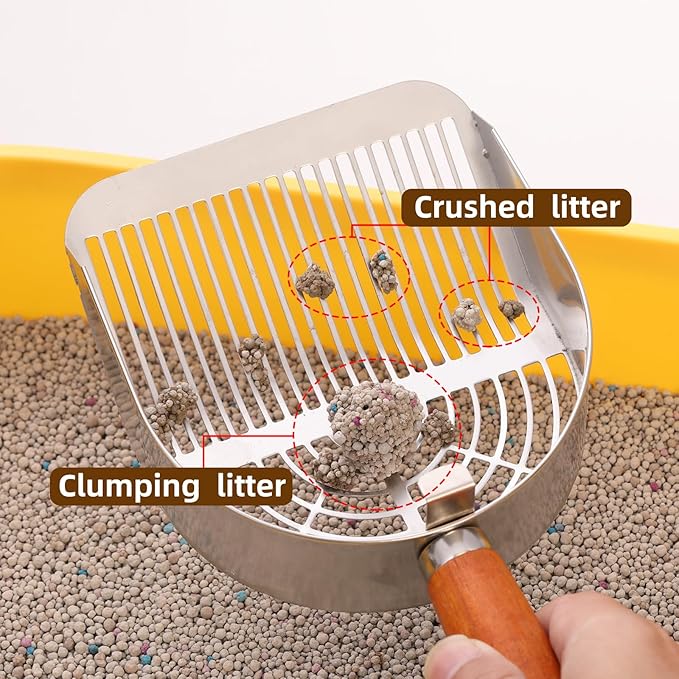 Stainless Steel Metal Cat Litter Scoop with Holder, Small Broom & Dustpan - Durable, Anti-Break Handle, Dual-Width Holes for Quick Clean