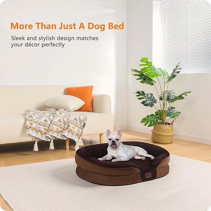 Dwanton Orthopedic Dog Bed for Medium Dogs with Gel Memory Foam, Waterproof Dog Sofa, Washable Pet Bed with Four Sided Bolster Cushion, Removable Cover & Non-Slip Bottom, 28", Brown