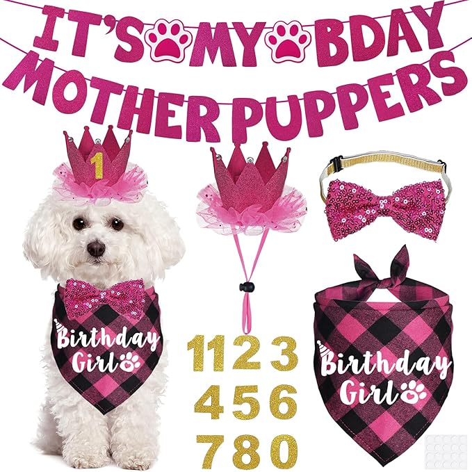 Dog Birthday Decorations, Multi Sizes Dog Birthday Bandana Girl Dog Birthday Hat Crown Bow Tie Birthday Numbers It’s My Bday Mother Puppers Sign Banner for Small Dogs Pets (Pink, Small)