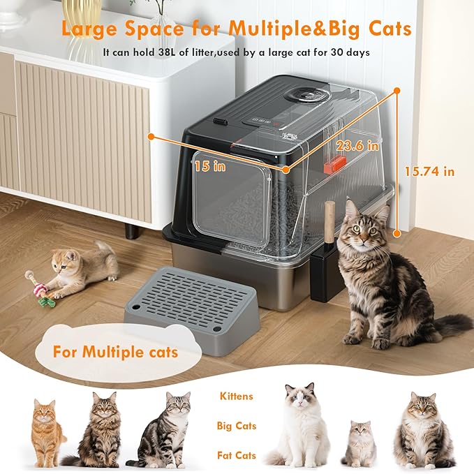 Breeze Litter Box System Stainless Steel Litter Box with Lid, 3-in-1 Design 160° Flip-Top Cat Litter Box Enclosure,Smart Air Extraction System Odor Contral, Dual Safety Infrared Sensor, Easy to Clean