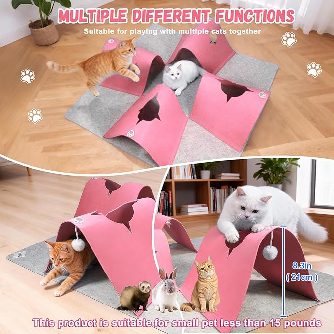 Interactive Cat Tunnel Mat for Indoor Cats, 4-Way Felt Cat Cave with Hanging Ball, Foldable Kitty Play Mat and Hideout, Pet Enrichment Toy for Kittens Rabbits Small Pets, Pink