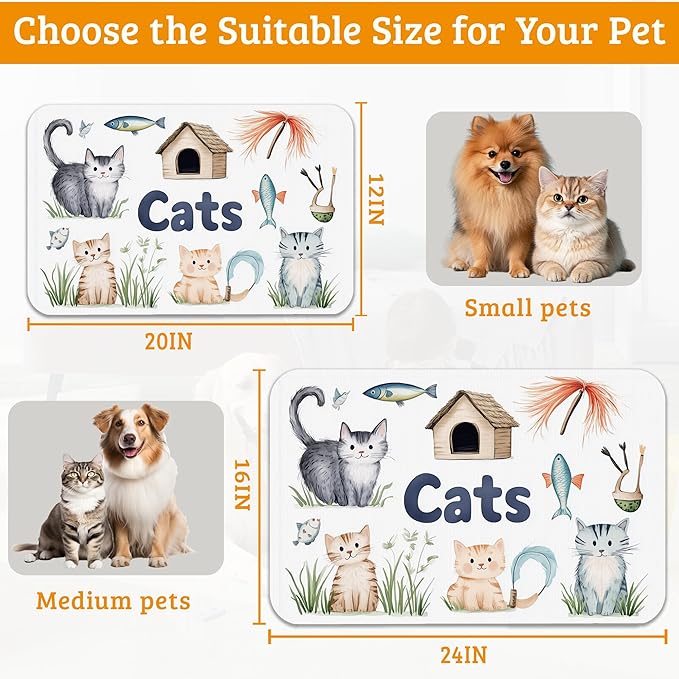 Cats Dog Food Mat,Cute Fun Absorbent Pet Feeding Mat for Food and Water Bowl,Quick Dry Dog Placemat Non Slip Rubber Backing Waterproof Pet Supplies 12" x 20"