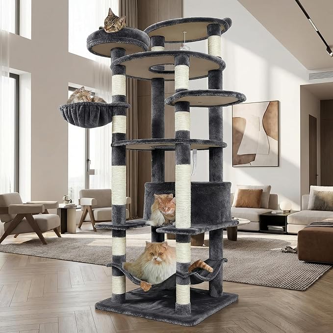 78.8" Large Cat Tree Tower for Indoor Kitties, Multi-Level Furniture Activity Center for Tall Cat Condo with Cozy Perches,Sisal Scratching Posts,Hammock and Basket (78.8 inch Dark Gray)