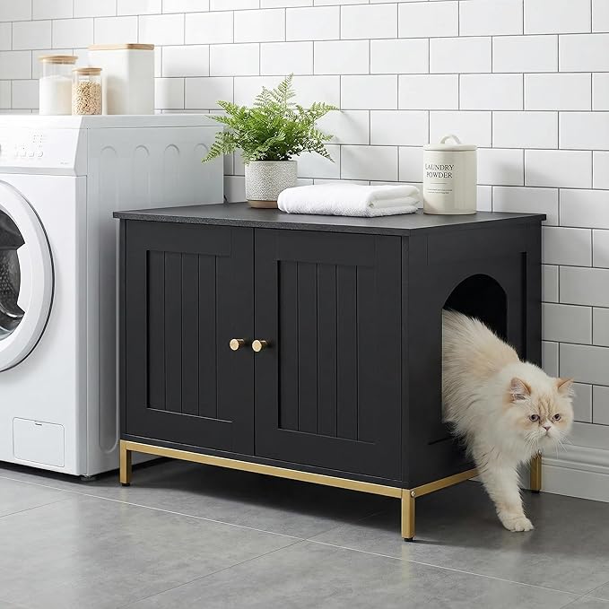 Homhedy Cat Litter Box Enclosure, Cat Washroom Furniture with Metal Frame, Pet House, Fit Most of Litter Box, Modern Style, Black and Gold