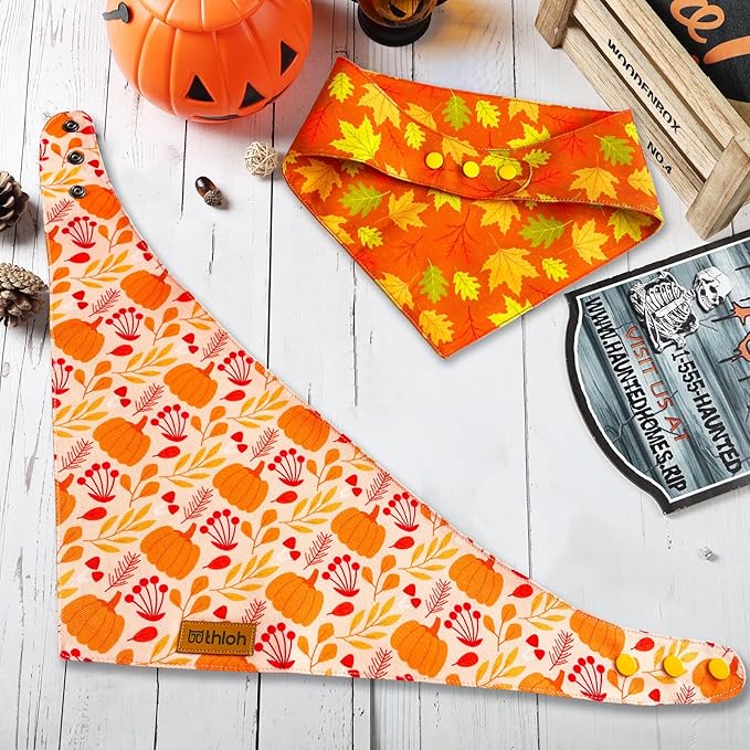 Fall Dog Bandanas - 2 Pack Thanksgiving Dog Bandana with Snap Button, Reversible Pumpkin Pet Scarf for Boy & Girl, Premium Durable Fabric, Holiday Bandana for Large & Extra Large Dogs (X-Large)
