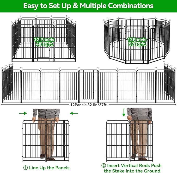 Heavy Duty Dog Playpen: 12 Steel Panels 47" Height, Square Steel Pipe with Reinforced Crossbars, 27FT 57 Sq.ft Portable Fence for Yard RV Camping, Snowy Black