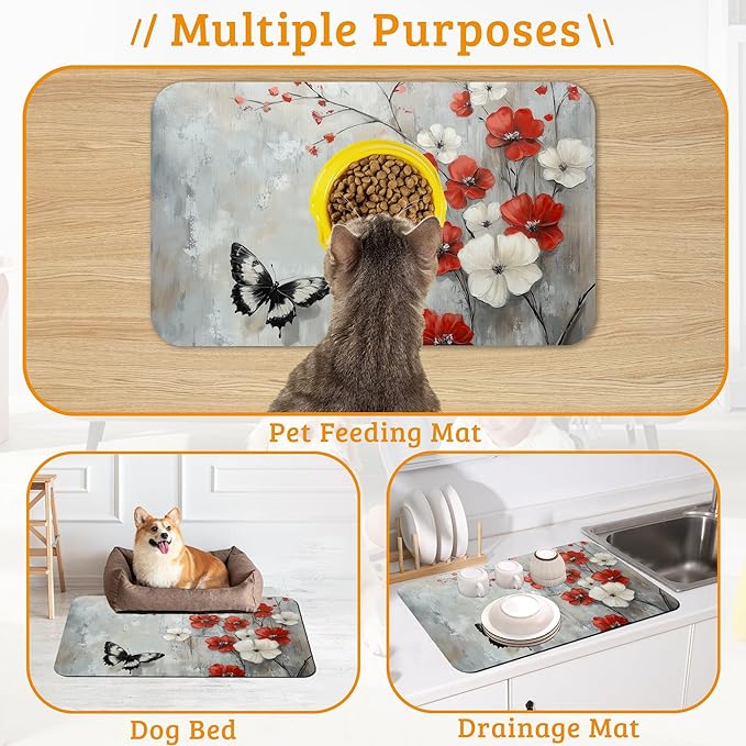 ButterflyFlowers Dog Cat Food Mat,Red White Absorbent Waterproof Placemat for Food and Water Non Slip Rubber Backing Durable Feeding Pad for Clean Floors 12" x 20"