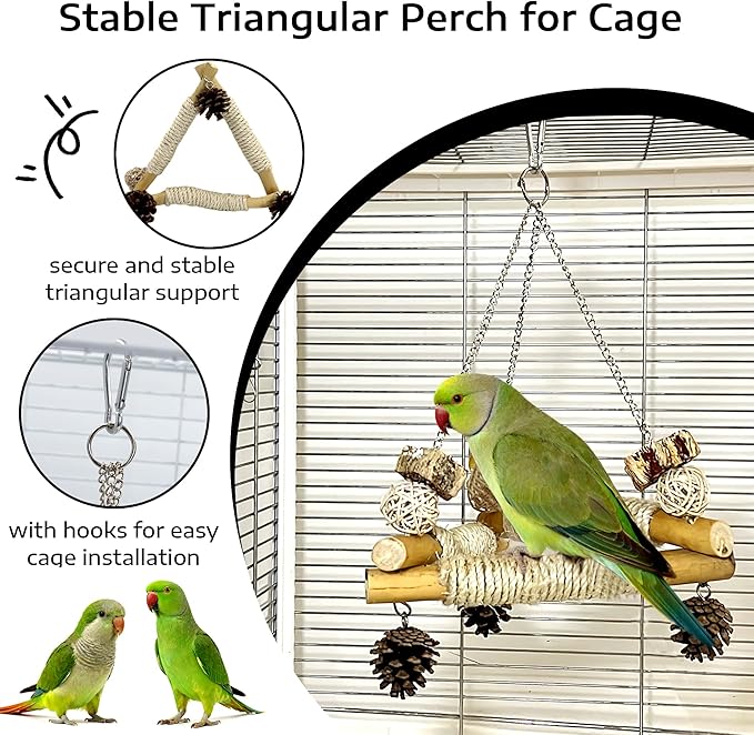 Large Bird Swing for Cage with Chew Toys, 3 Sisal-Wrapped Bird Perches & Stable Triangle Design, Wooden Hanging Quaker Toy Swing for Medium-Sized Bird Cockatiel Ring-Necked Caique Balance Training (L)