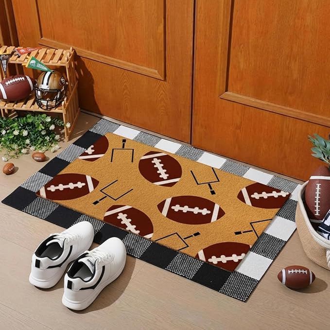Tinideya 2 Pcs Football Theme Door Mat American Ball Design Welcome Non Slip Coir Mats Sports Floor Layering Doormats Seasonal for Front Porch Entryway Decor(Football Theme)