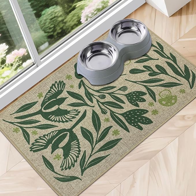 SHIYUE Dog Food Mats for Floors, Absorbent Cat Bowl for Food and Water, Non-Slip Accessories Pet Supplies(17"x30",Green Flower Bird)