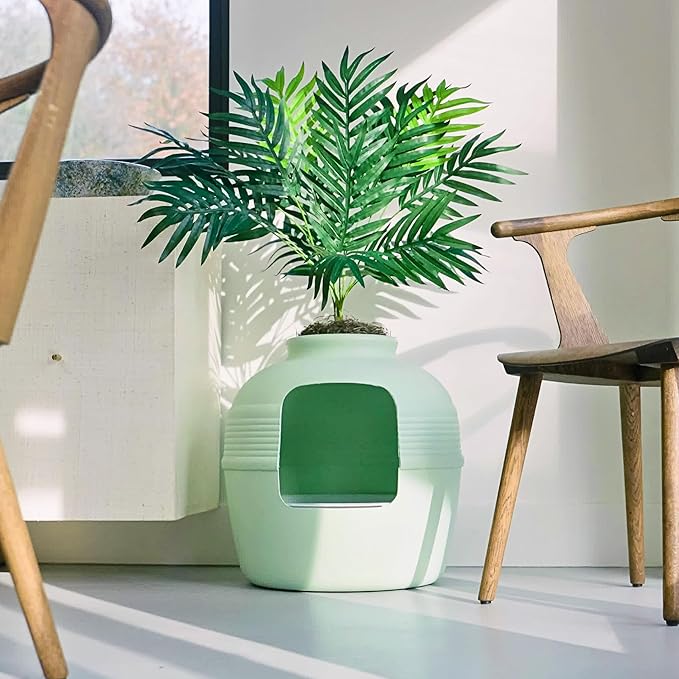 Good Pet Stuff Hidden Litter Box Planter, Decorative Cat Litter Enclosure with Carbon Filter, Artificial Plant, Easy Clean, Indoor Design, Original Round Style, Essentials Kit, Seagrass Green