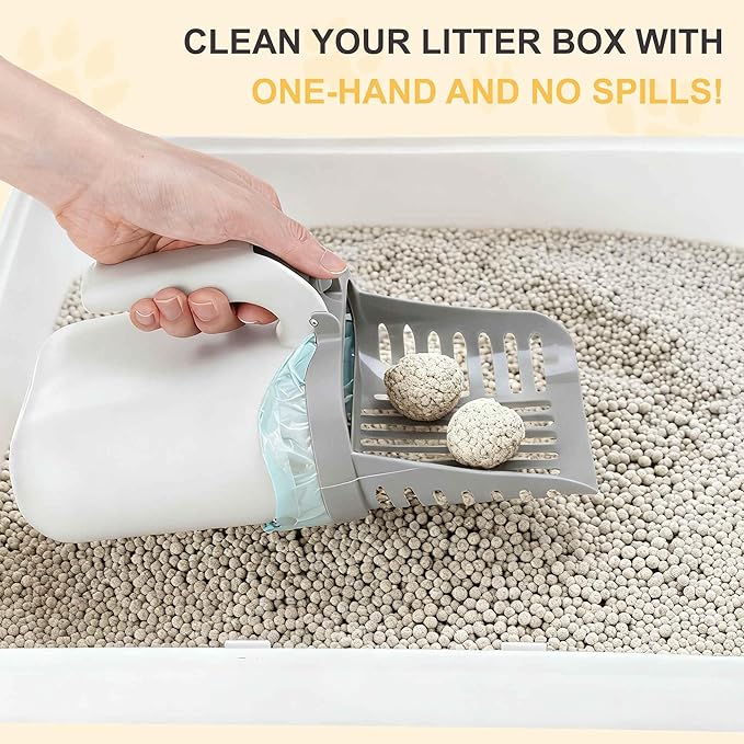 Cat Litter Scoop, Durable Litter Scooper with Refill Bags, Mess-Free Cat Litter Scooper, Convenient Scoop Holder Design, White, Grey