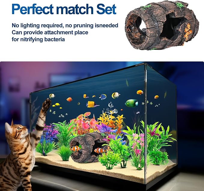 CousDUoBe Fish Broken Barrel Decor Fish Tank Decorations Betta Fish Tank Accessories,Starfish Barrel x 1pc, Aquarium Plants x 11pcs