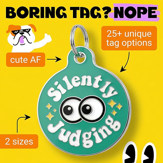 Bad Tags Personalized Dog and Cat ID Tags in 25+ Designs and 2 Sizes - 5 Lines of Custom Engraved Text - Funny Cute Personalized Pet Tags (Silently Judging - Green, Large (1.25 inch))