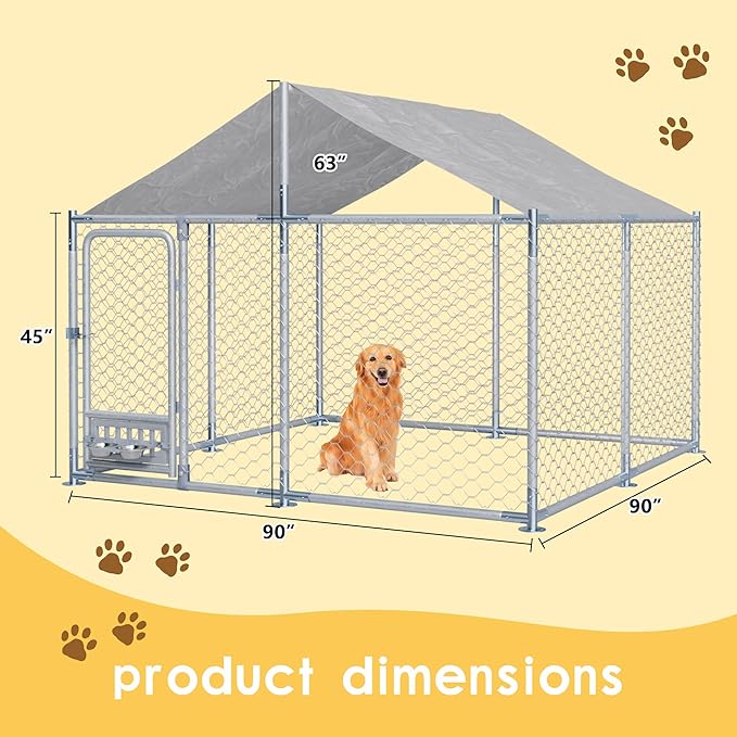 7.5×7.5×5.3 FT Outdoor Dog Kennel with Roof, Dog Enclosure w/Rotating Feeder, Large Heavy Duty Dog Run Playpen w/2 Stainless Bowls, Galvanized Pet House w/Secure Lock, Waterproof Cover (7.5FT)