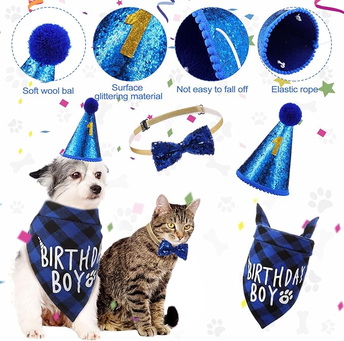 Weewooday Dog Birthday Party Supplies Birthday Boy Girl Cake Bandana Triangle Scarf Party Hat Dog Bow Tie Collar with Numbers for Large Medium Small Dog Puppy 1st Birthday(Elegant Style,X-Large)