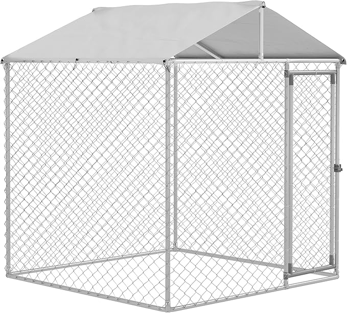 PawHut Outdoor Dog Kennel, Heavy Duty Dog Run Outdoor Fence with Waterproof Cover, Galvanized Chain Link, Secure Lock, for Large Breeds, Chickens, Ducks, 6.5' x 6.5' x 7.8'