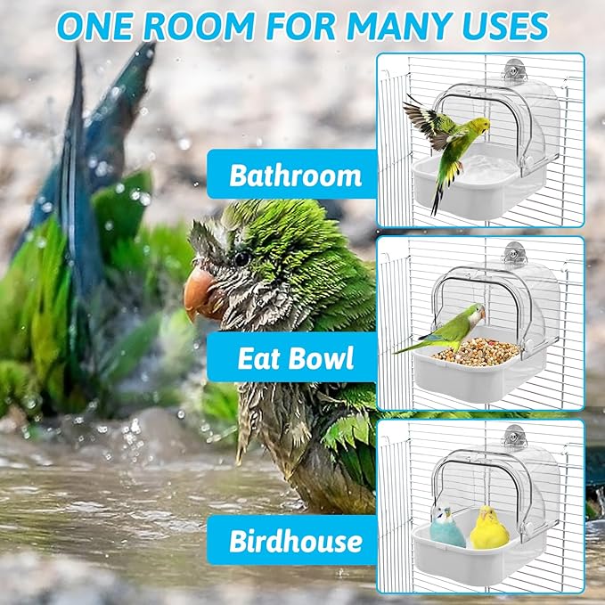 Tfwadmx Bird Cage Bath Hanging Parrot Bath Tub Water Shower Food Feeder Holder Tray Bird Bath Supplies for Small Birds Canary Budgies Cockatiel Lovebirds (White)