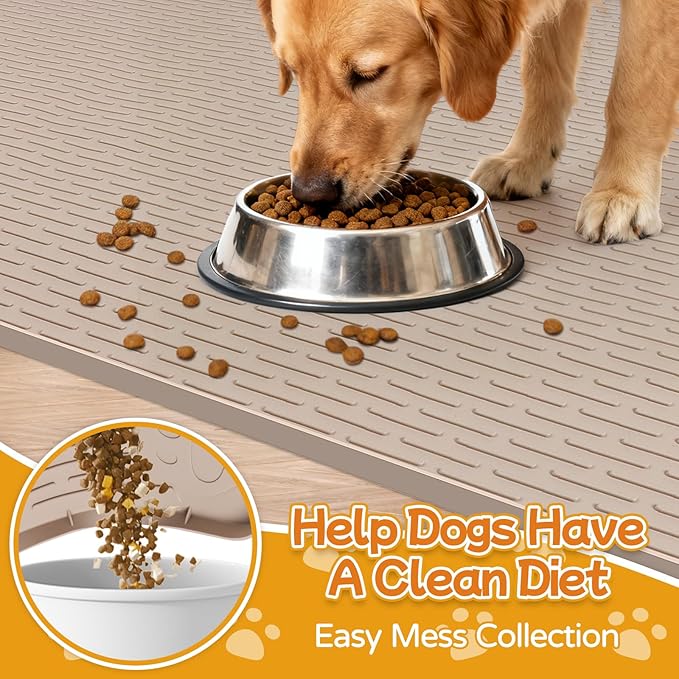 Lanstics Dog Food Mat, 40" x 28" Large Silicone Mat Dog Feeding Mat with Raised Edge Non-Slip Pet Feeding Mat for Food and Water Bowl, Easy to Clean, Floor Protection (Khaki)