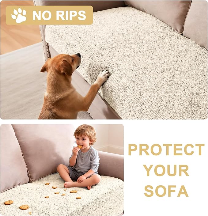 H.VERSAILTEX Non Slip Pet Couch Cover Chenille Dog Bed Protector Thick Soft Sofa Slipcover Pet Friendly Washable Couch Cushion Covers for Pets (68" x 82", Ivory)