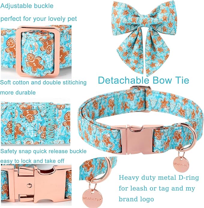 Christmas Dog Collar with Bow Tie,Adjustable Gingerbread Pet Collar,Chriatmas Puppy Bowtie Collar for Small Medium Large Dogs,S,Neck 10-16in