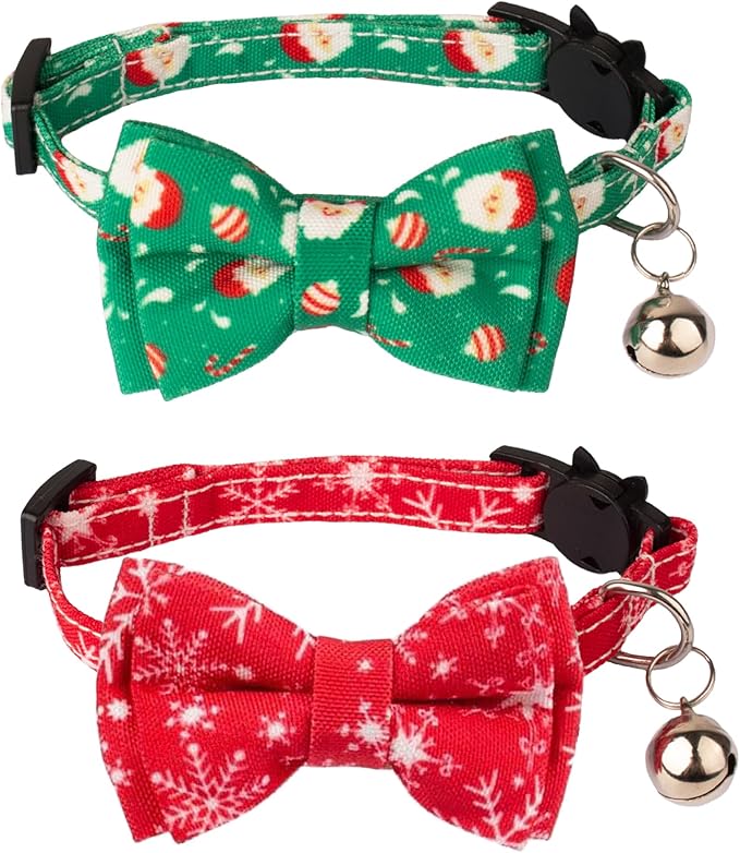 ADOGGYGO Christmas Cat Collar Breakaway with Bowtie Bell - 2 Pack Santa Snowflake Xmas Kitten Collar with Removable Bowtie Christmas Bow tie Collar for Kitten Cat