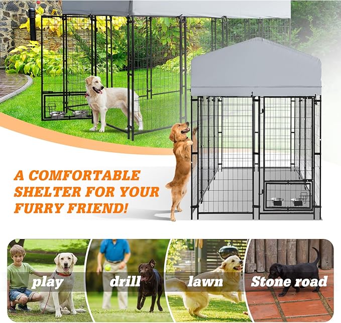 8x4x6 FT Outside Large Dog Kennel with roof - Outdoor Heavy Duty Welded Wire Steel Dog Playpen with Rotating Bowls, Dog Run Enclosure Crate Cage with Lockable Doors for Chicken, Rabbit