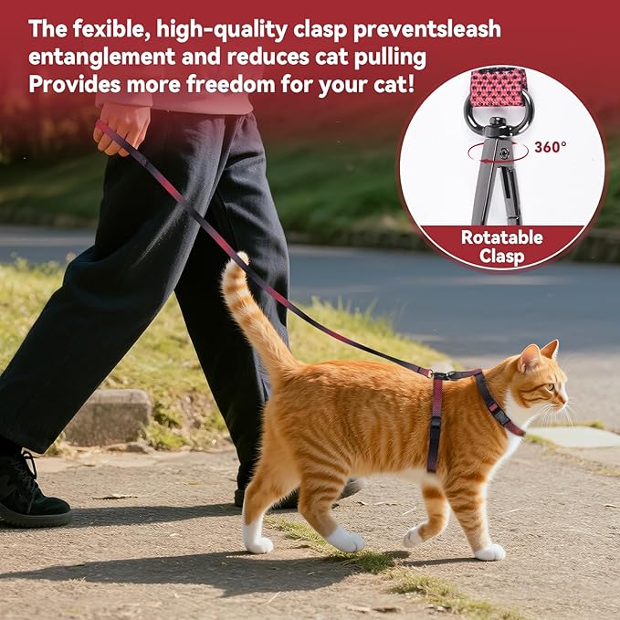 Cat Harness and Leash Set, 3-in-1 Escape Proof Adjustable, Comfortable Soft Lightweight, Safe, Easy to Wear, Walking Travel Kitten Harness for Small Medium Large Cats （Red
