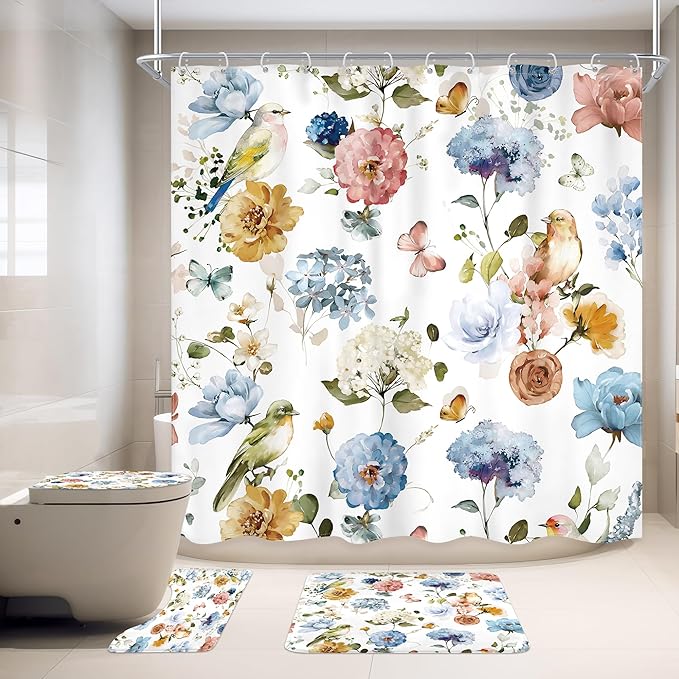 4 PCS Blue Floral Birds Bathroom Set with Shower Curtain and Rugs 72Wx72H Inch Classical Watercolor Non-Slip Bath Rug Toilet Lid Cover and U Shape Mat Accessories 12 Hooks Bathoom Decor