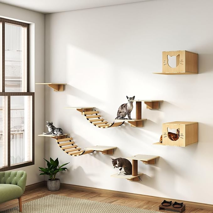 12-Pc Cat Wall Shelves, Cat Wall Furniture Set with Cat Bridge & Scratching Post, Large Wall Mounted Cat Tree Activity Center, Cat Climbing Wall for Indoor Cats Sleep & Scratch, Natural Pine