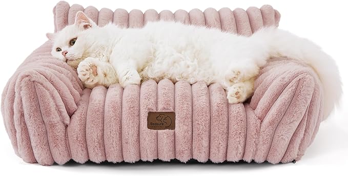 Bedsure ComfyFleece™ Cute Cat Couch for Pets - As Seen on TV on Good Day New York, Fuzzy Cats beds for Indoor Cats with Removable Washable Cover, Supportive Pet Sofa, 24inch, Blush Pink